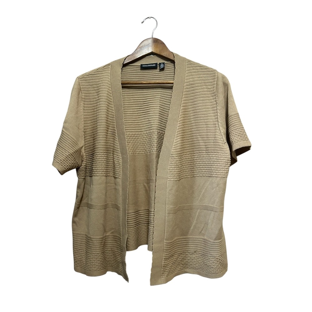 Nina Leonard 1X Beige Knit‎ Short Sleeve Open Front Cardigan Sweater
